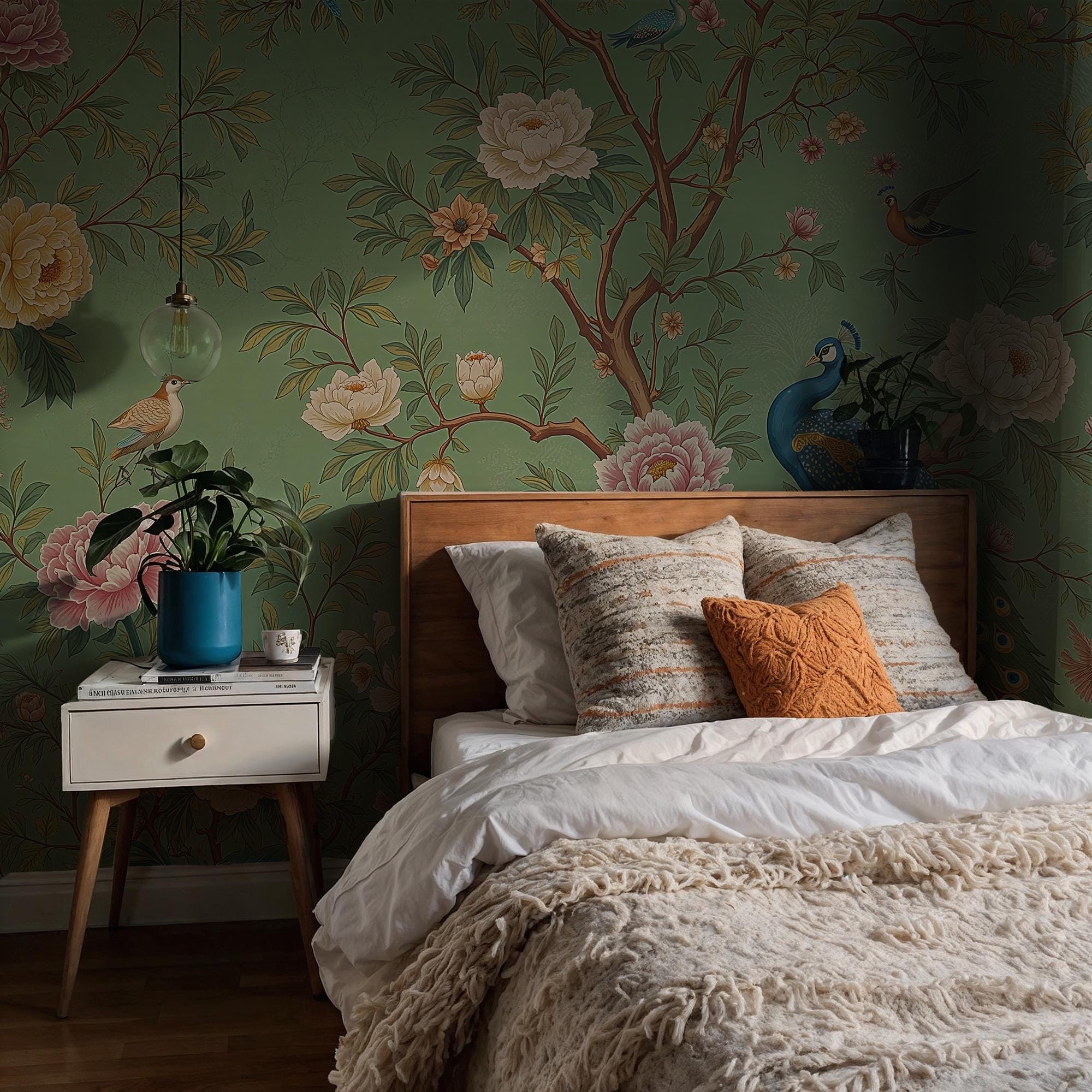 Green Chinoiserie Peacock Wallpaper Mural – Elegant Floral Bird Wall Art - View 2
