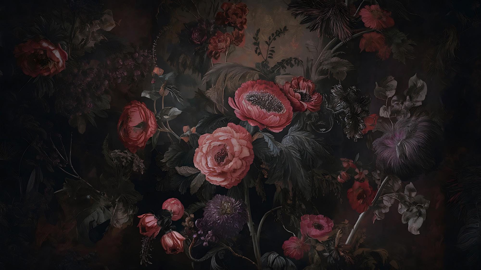 Dark Floral Wallpaper Mural – Moody Vintage Botanical Peel and Stick Wall Art - View 5