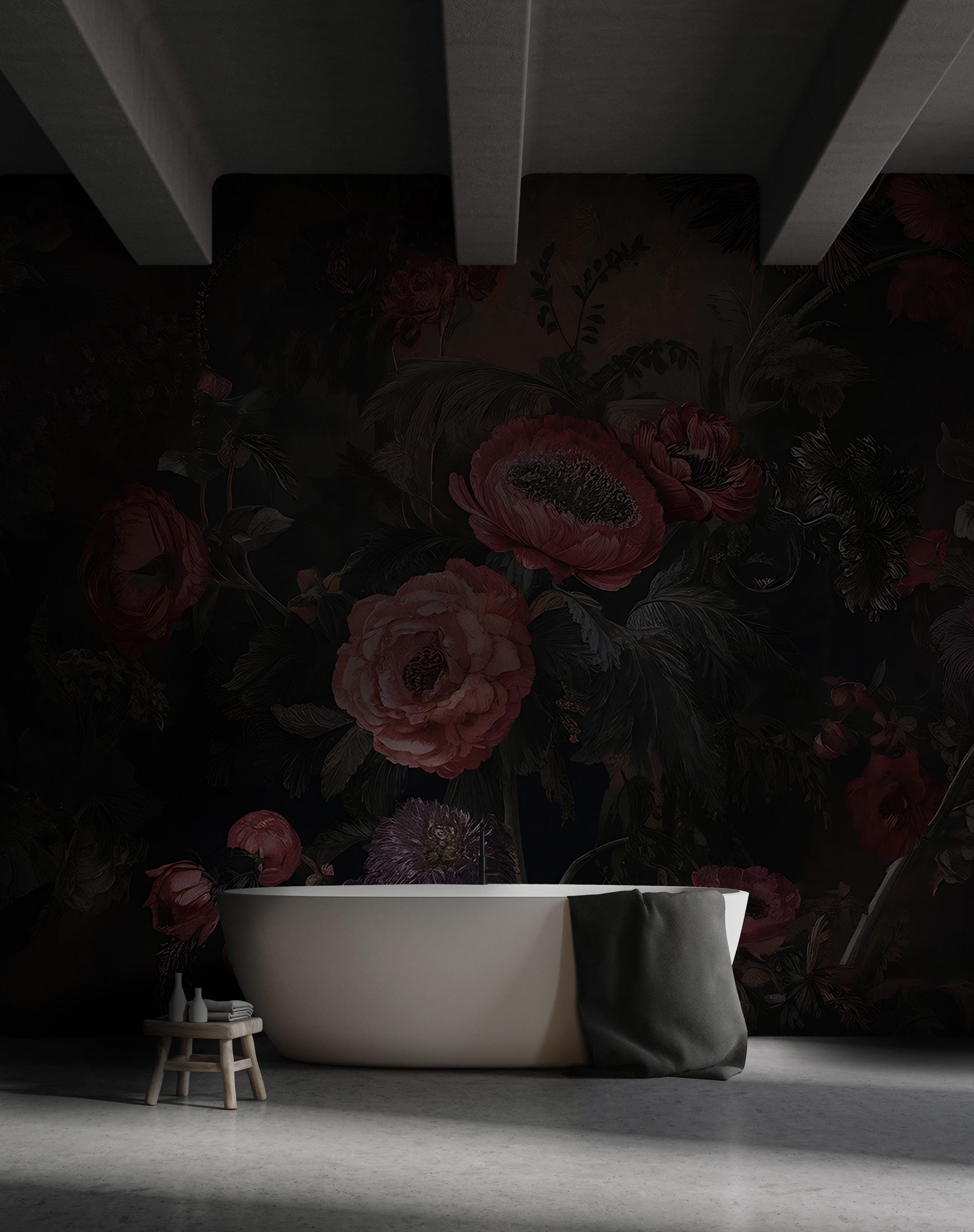 Dark Floral Wallpaper Mural – Moody Vintage Botanical Peel and Stick Wall Art - View 3