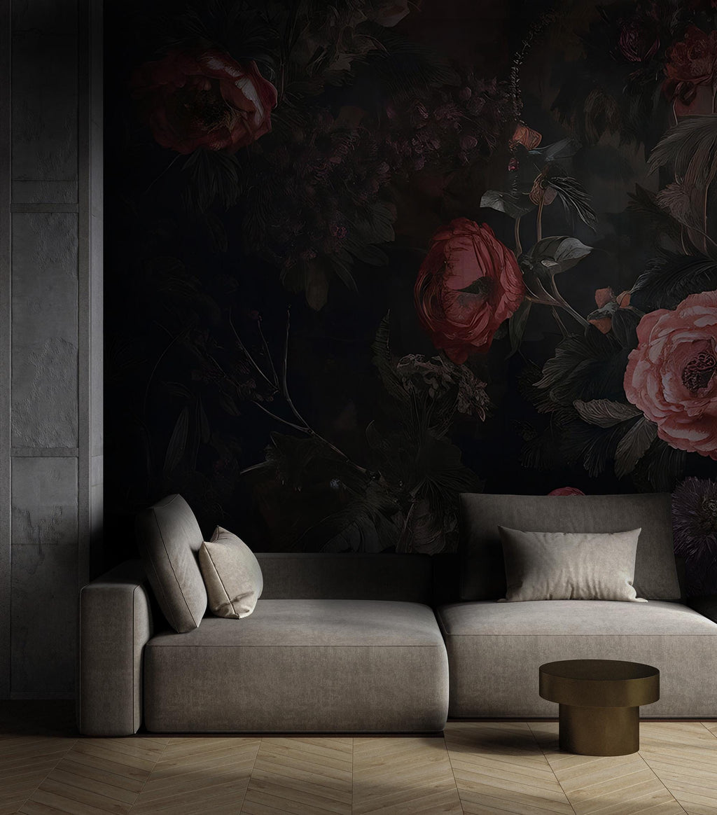 Dark Floral Wallpaper Mural – Moody Vintage Botanical Peel and Stick Wall Art - View 2