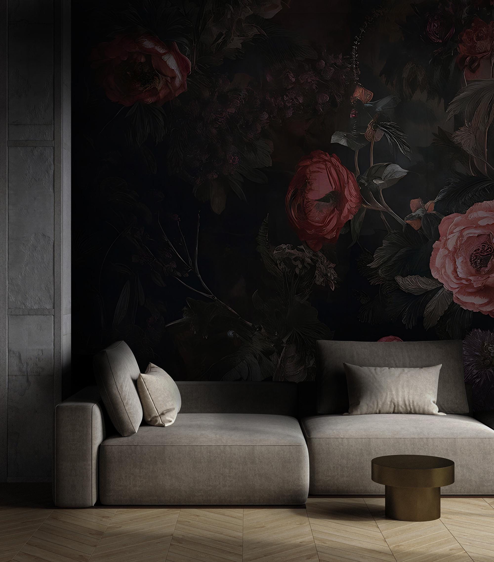Dark Floral Wallpaper Mural – Moody Vintage Botanical Peel and Stick Wall Art - View 2