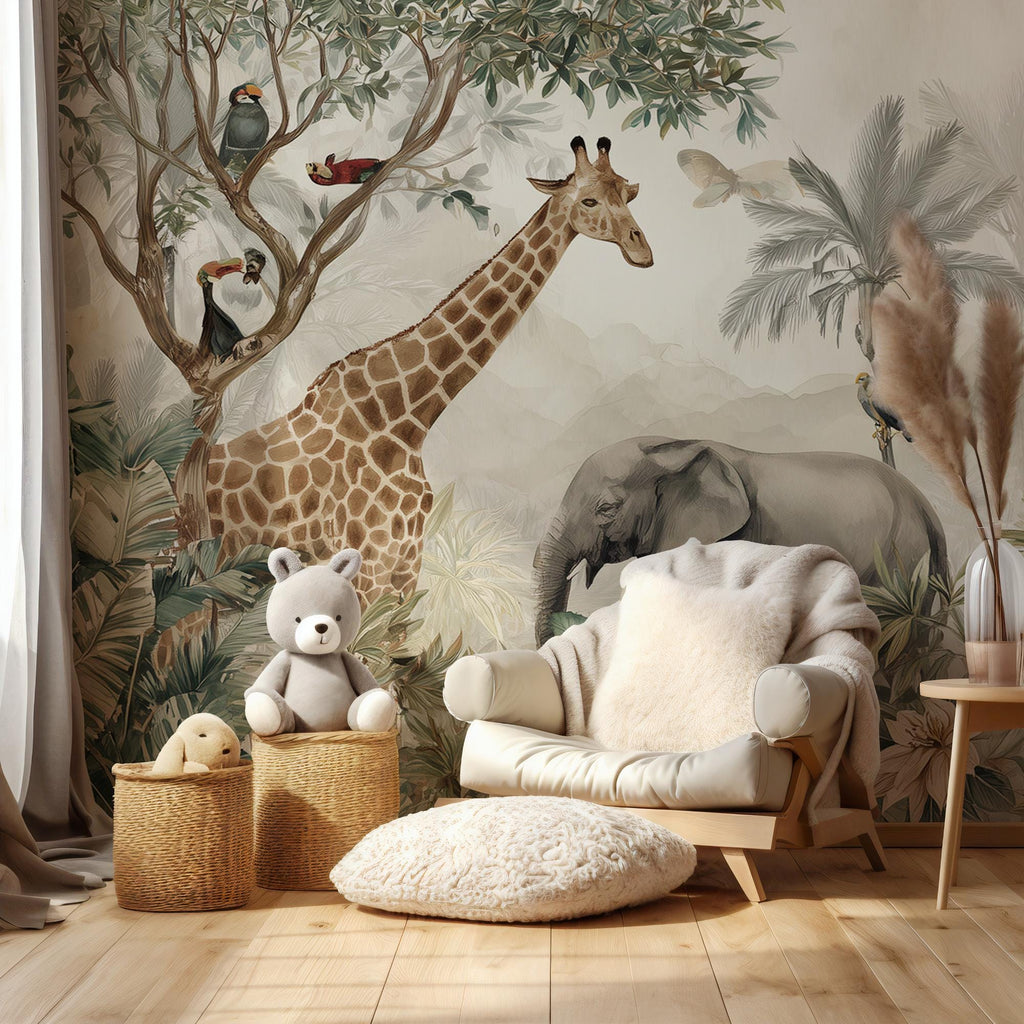 Jungle Safari Nursery Wallpaper Mural – Tropical Animals Peel and Stick Wall Art