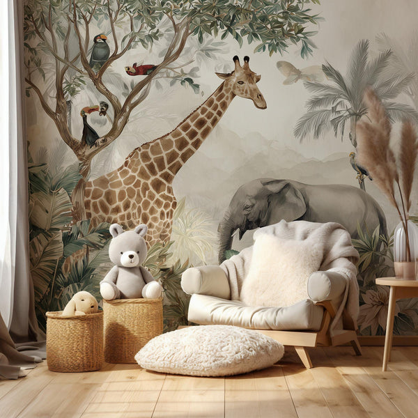 Jungle Safari Nursery Wallpaper Mural – Tropical Animals Peel and Stick Wall Art