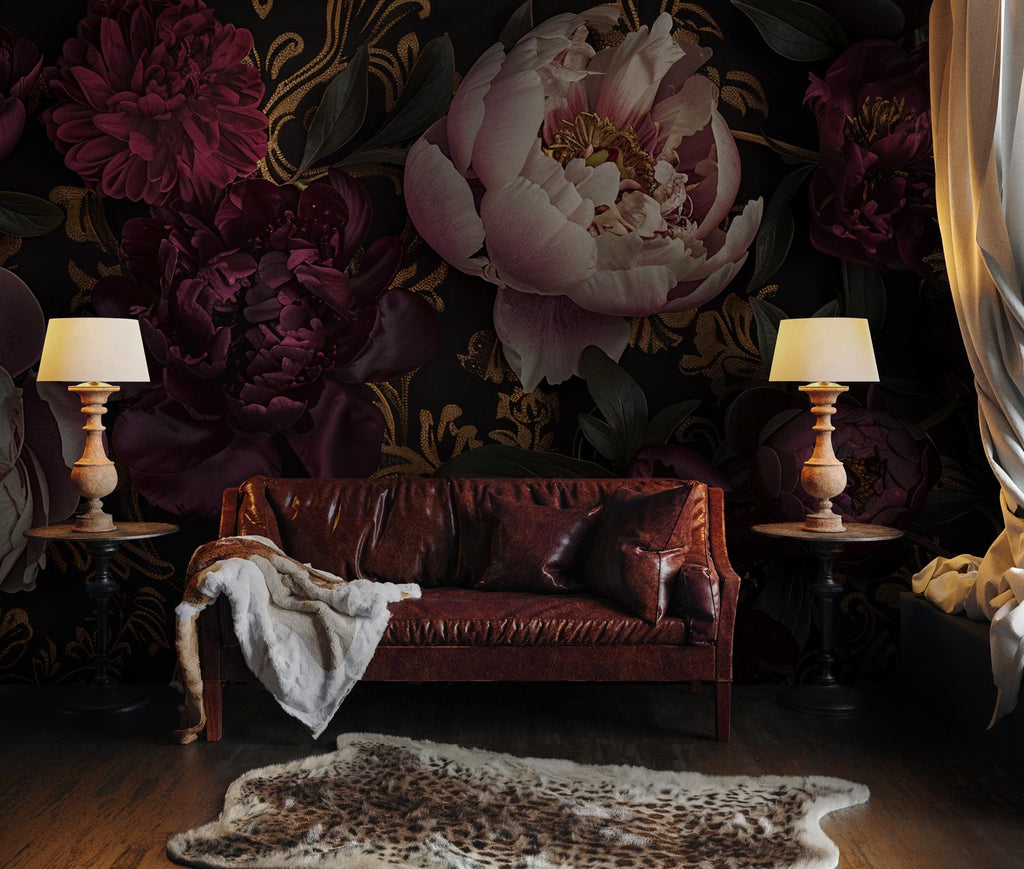 Dark Botanical Wallpaper Mural – Moody Vintage Floral Wall Art