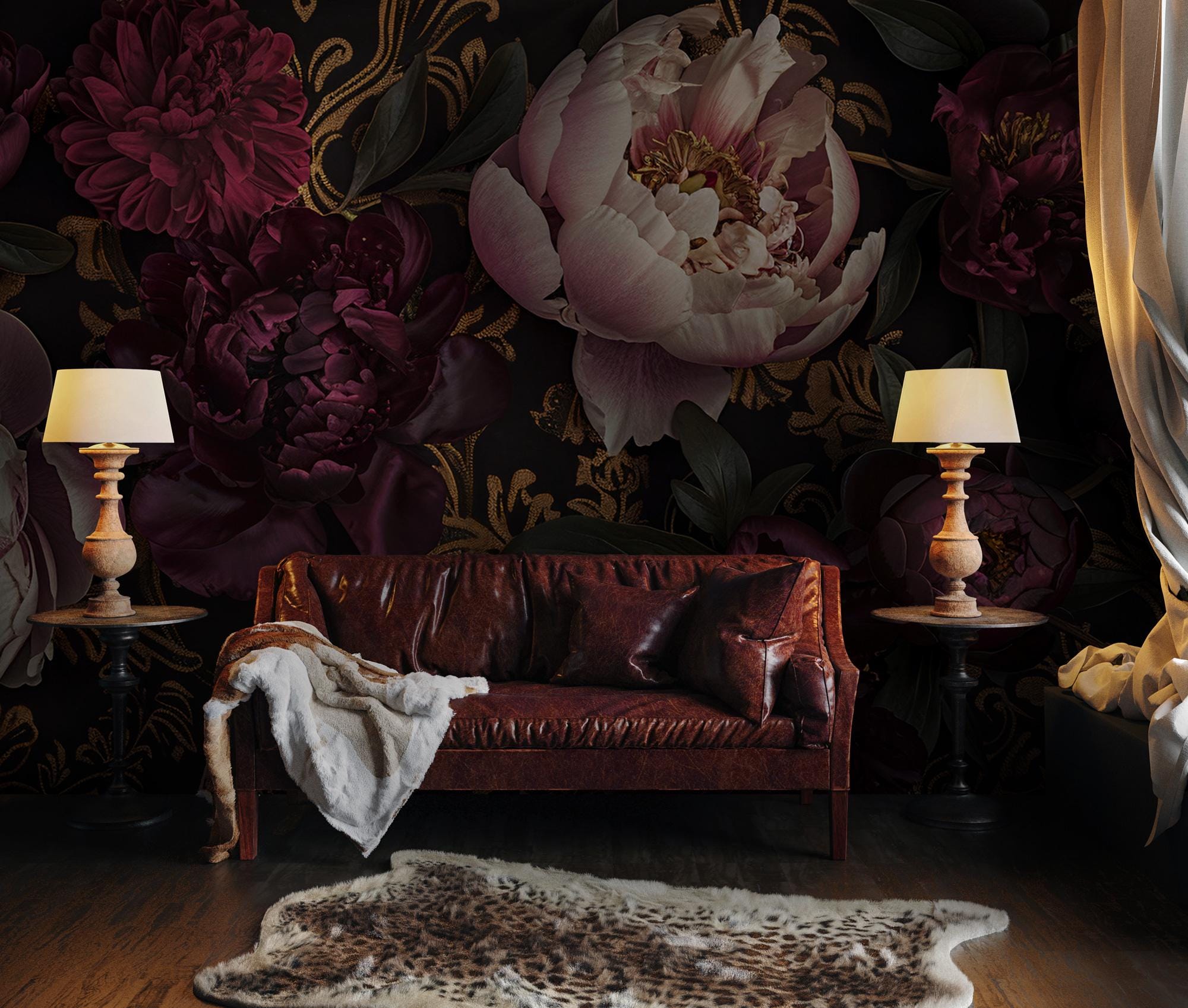 Dark Botanical Wallpaper Mural – Moody Vintage Floral Wall Art
