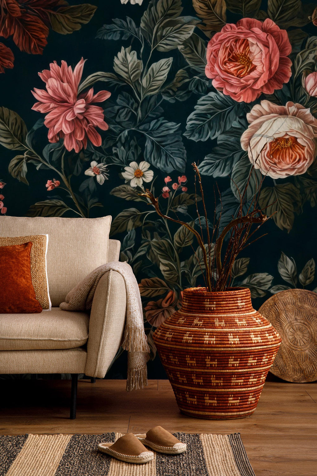 Dark Floral Peony & Rose Wallpaper: Botanical Peel and Stick Wall Mural