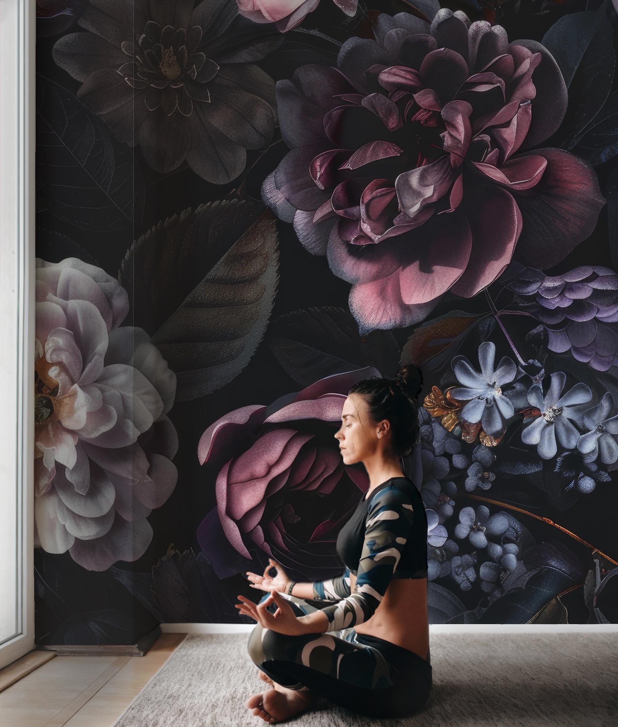 Moody Floral Peel and Stick Bold Wallpaper, Statement Wall Mural, Dark Cottagecore Deco - View 4