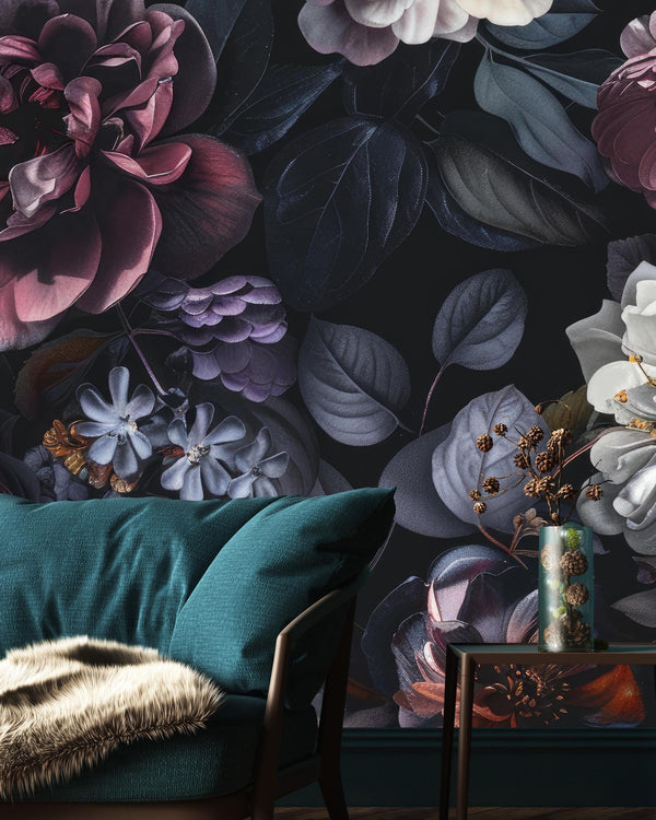 Moody Floral Peel and Stick Bold Wallpaper, Statement Wall Mural, Dark Cottagecore Deco
