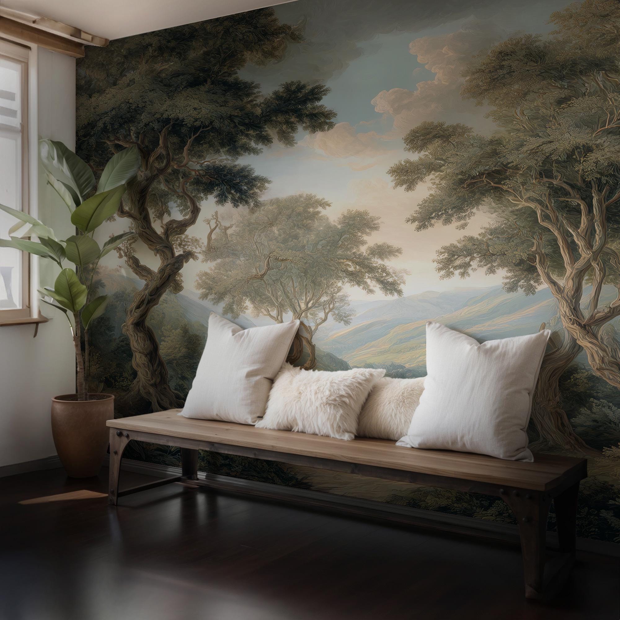 Nature Landscape Peel and Stick Wallpaper, Vintage Forest Scenic Wall Mural - View 3