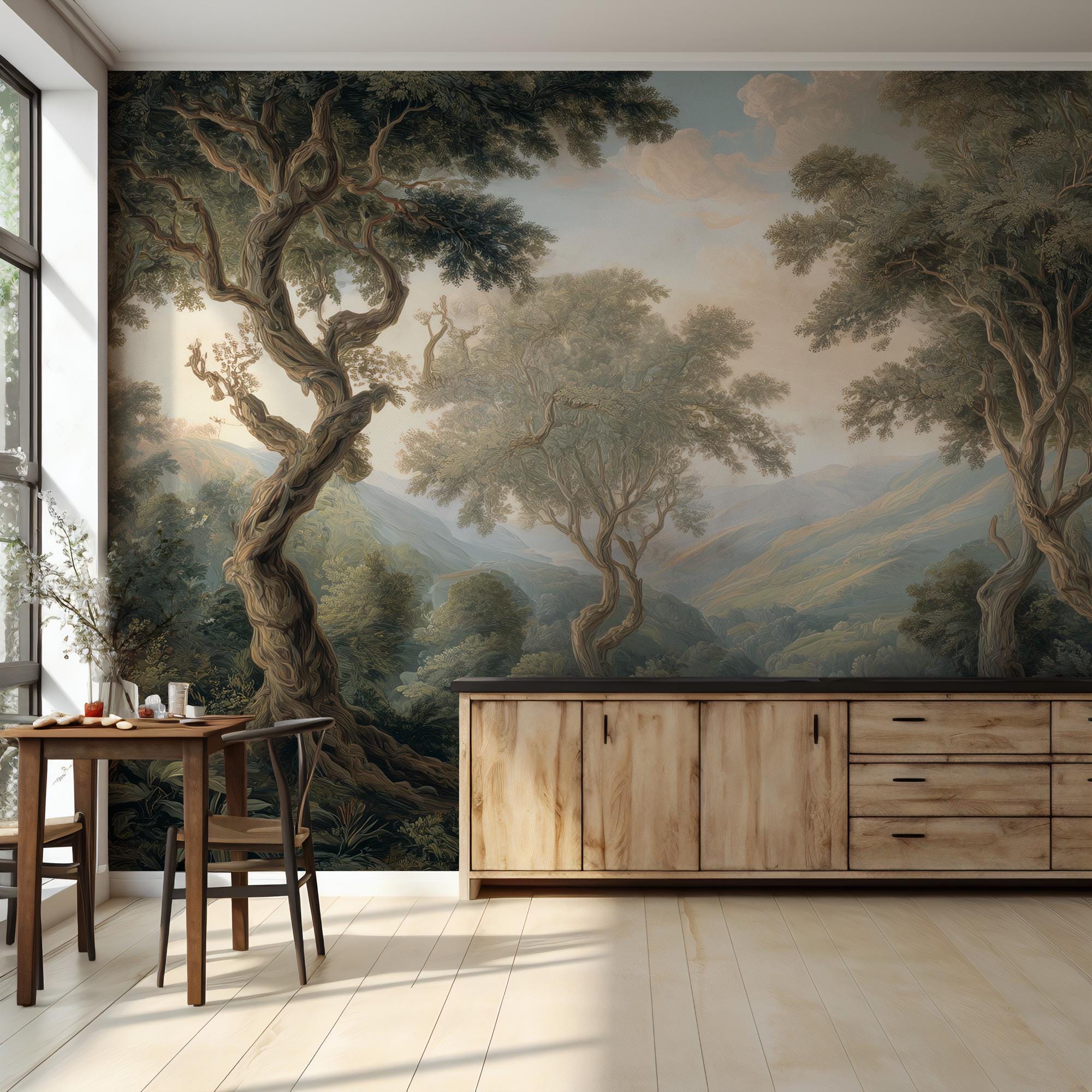 Nature Landscape Peel and Stick Wallpaper, Vintage Forest Scenic Wall Mural - View 4
