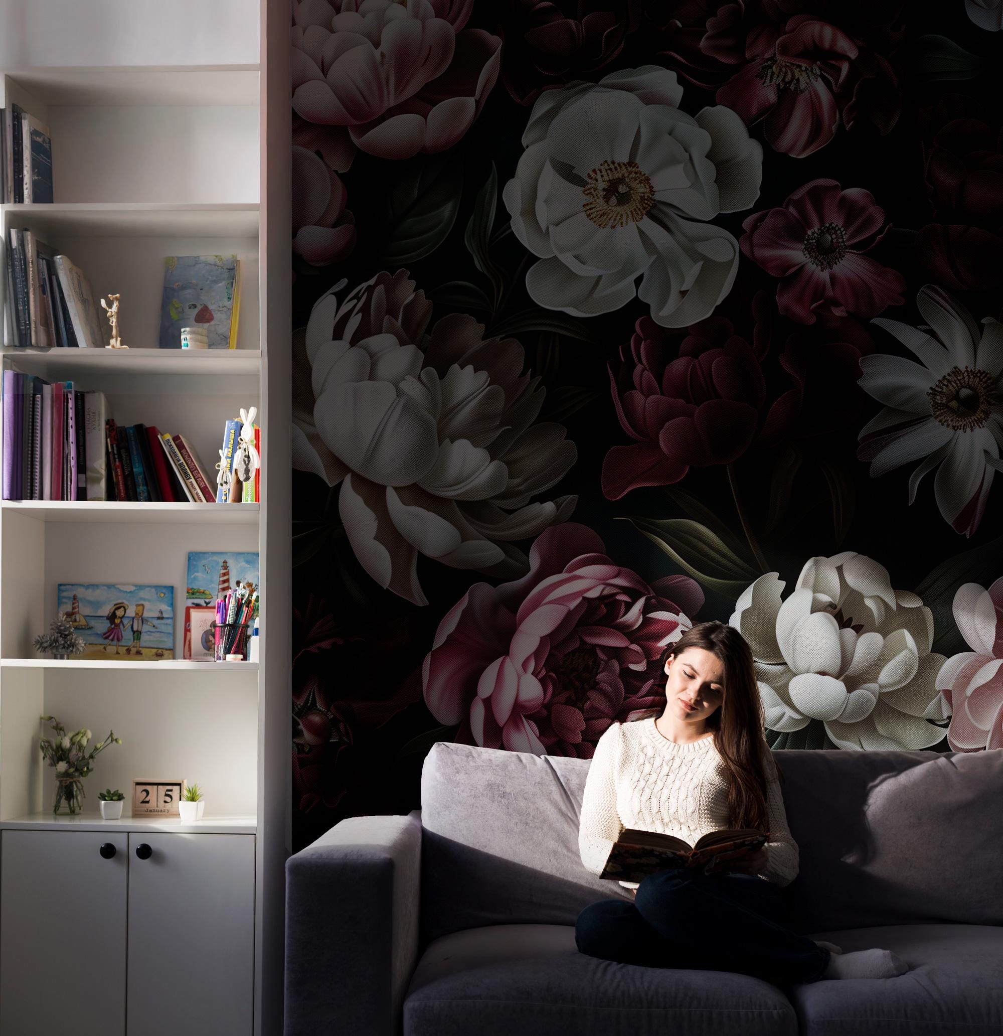Dark Floral Wall Mural, Vintage Botanical Peel and Stick Wallpaper - View 4