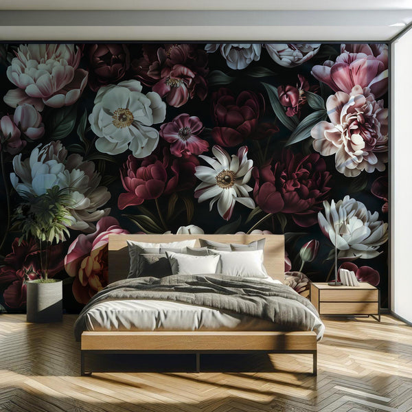Dark Floral Wall Mural, Vintage Botanical Peel and Stick Wallpaper