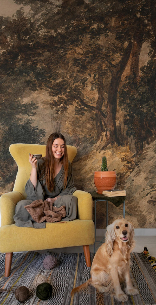 Antique Woodland Landscape Wallpaper, Rustic ScenicPeel and Stick Wall Mural