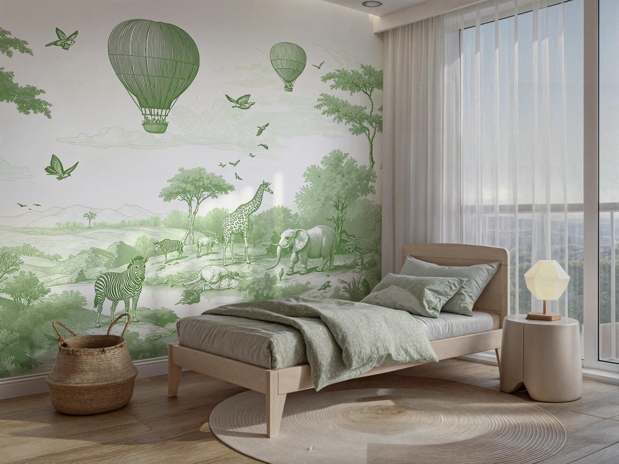 Green & Ivory Safari Toile Peel and Stick Wallpaper Mural - Custom Size - View 3
