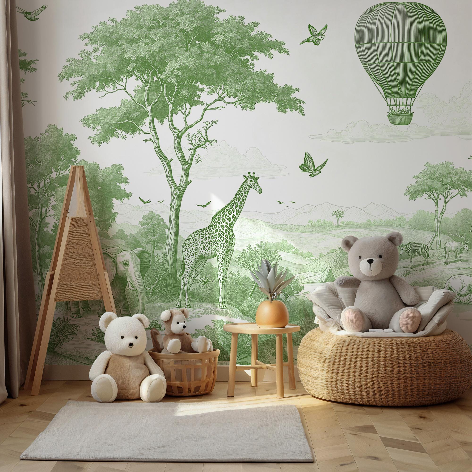 Green & Ivory Safari Toile Peel and Stick Wallpaper Mural - Custom Size