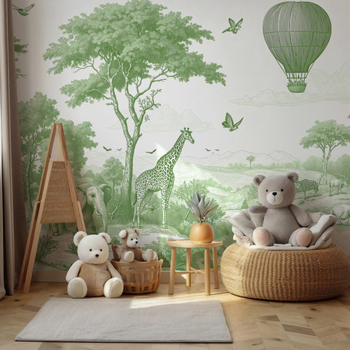 Green & Ivory Safari Toile Peel and Stick Wallpaper Mural - Custom Size