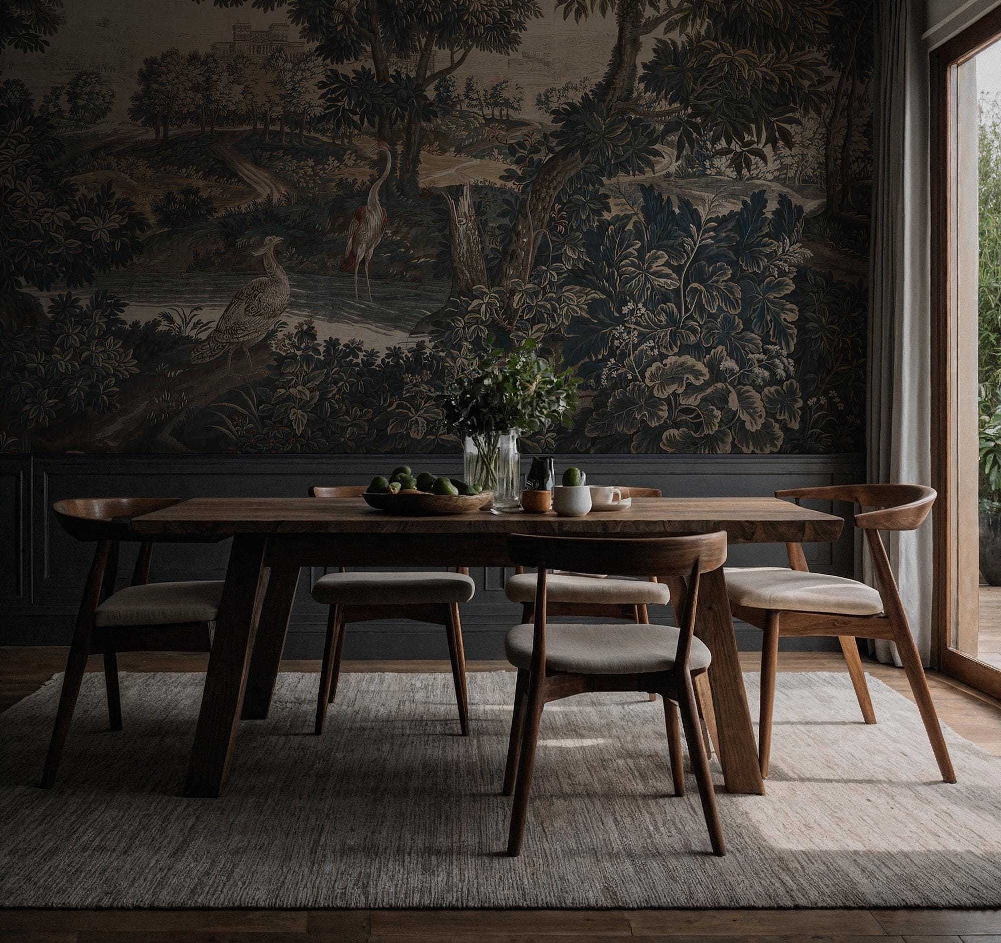 Dark Vintage Landscape Mural - Elegant Peel and Stick Wallpaper - View 5