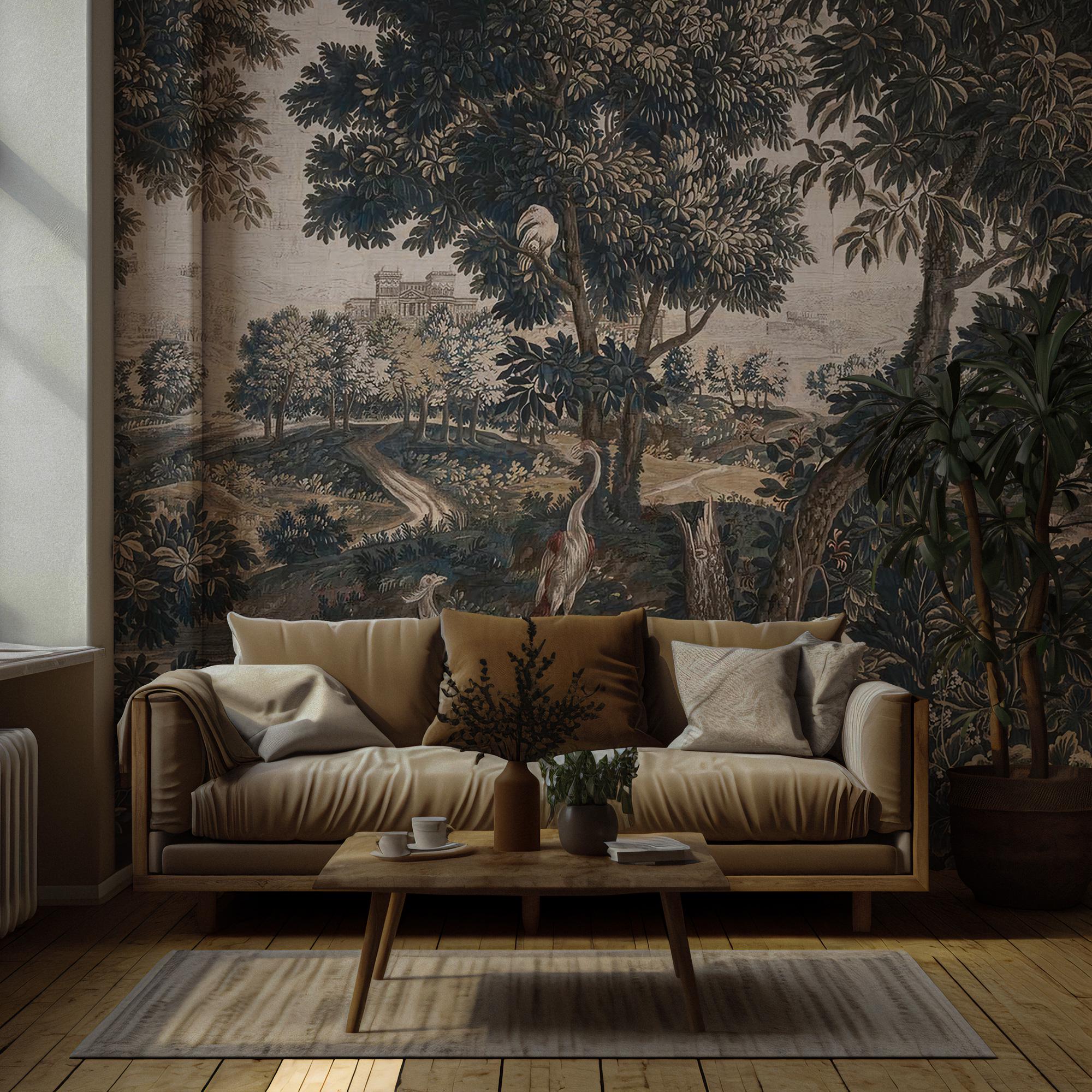 Dark Vintage Landscape Mural - Elegant Peel and Stick Wallpaper - View 2
