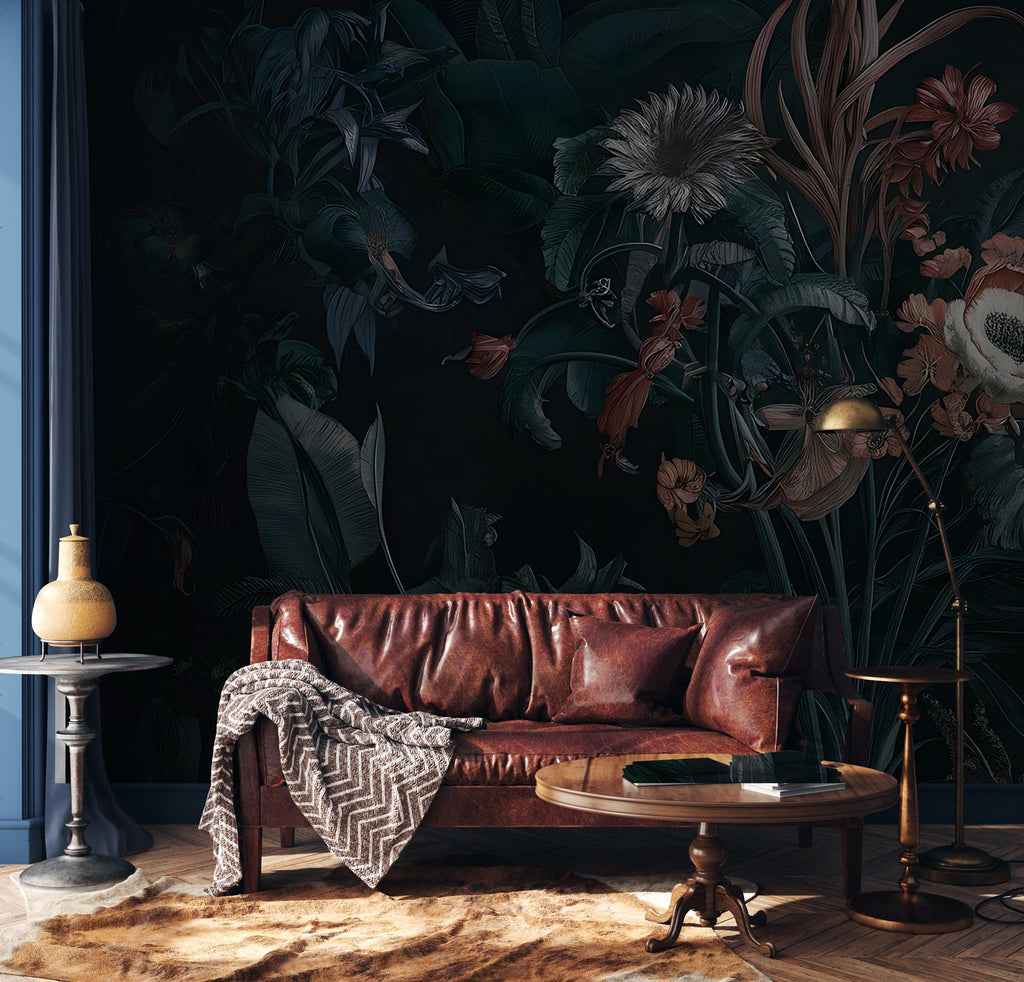Dark Botanical Floral Wall Mural, Moody Garden Flower Peel and Stick Wallpaper - View 2