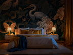 Teal Heron Floral Peel and Stick Wallpaper, Exotic Birds and Butterfly Chinoiserie Wall Mural - View 3