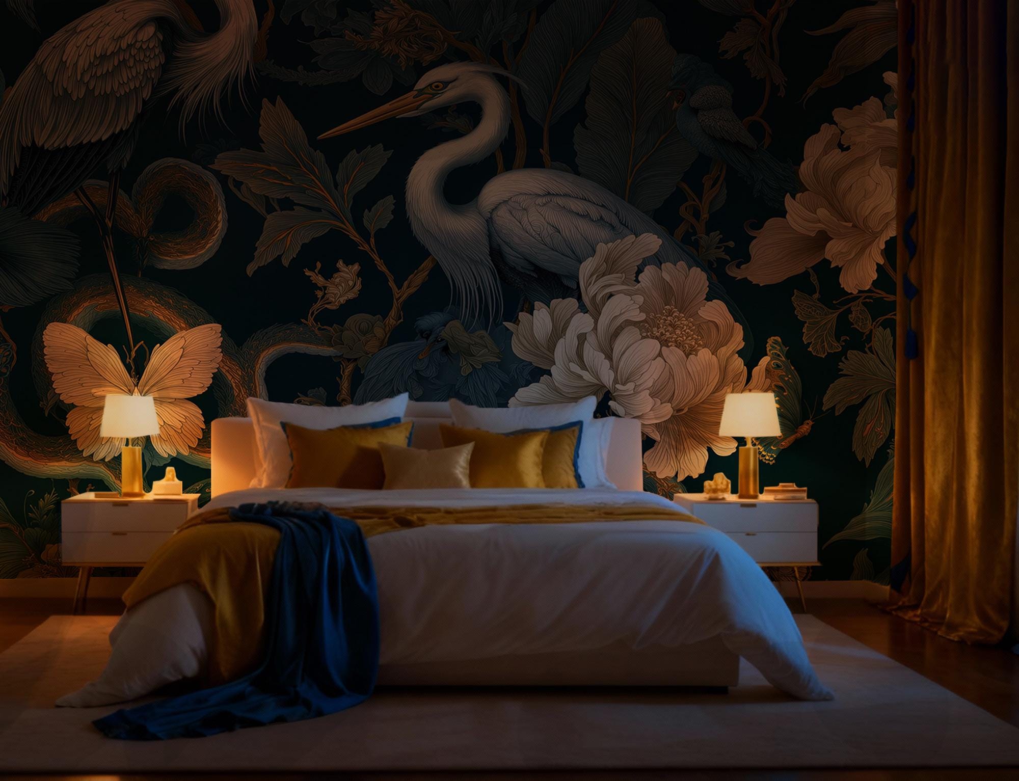 Teal Heron Floral Peel and Stick Wallpaper, Exotic Birds and Butterfly Chinoiserie Wall Mural - View 3