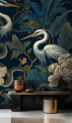 Teal Heron Floral Peel and Stick Wallpaper, Exotic Birds and Butterfly Chinoiserie Wall Mural