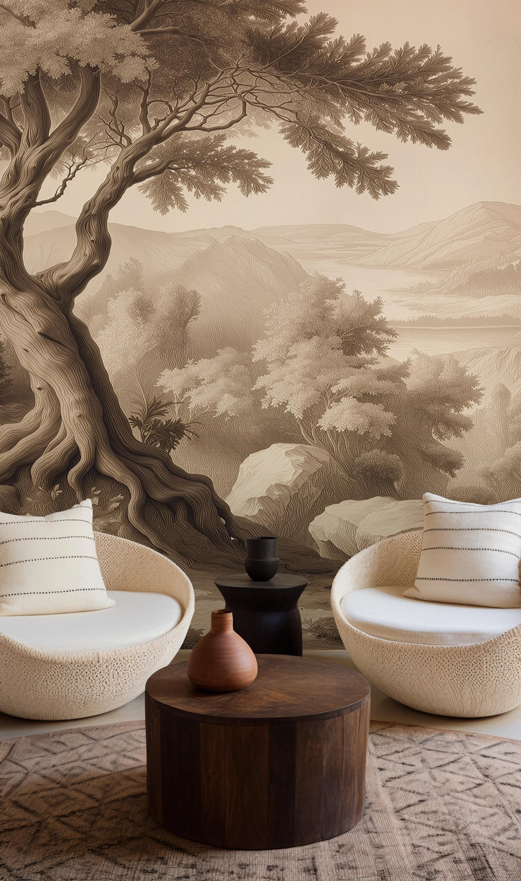 Neutral Forest Wallpaper: Sepia Landscape Peel and Stick Wall Mural - View 4