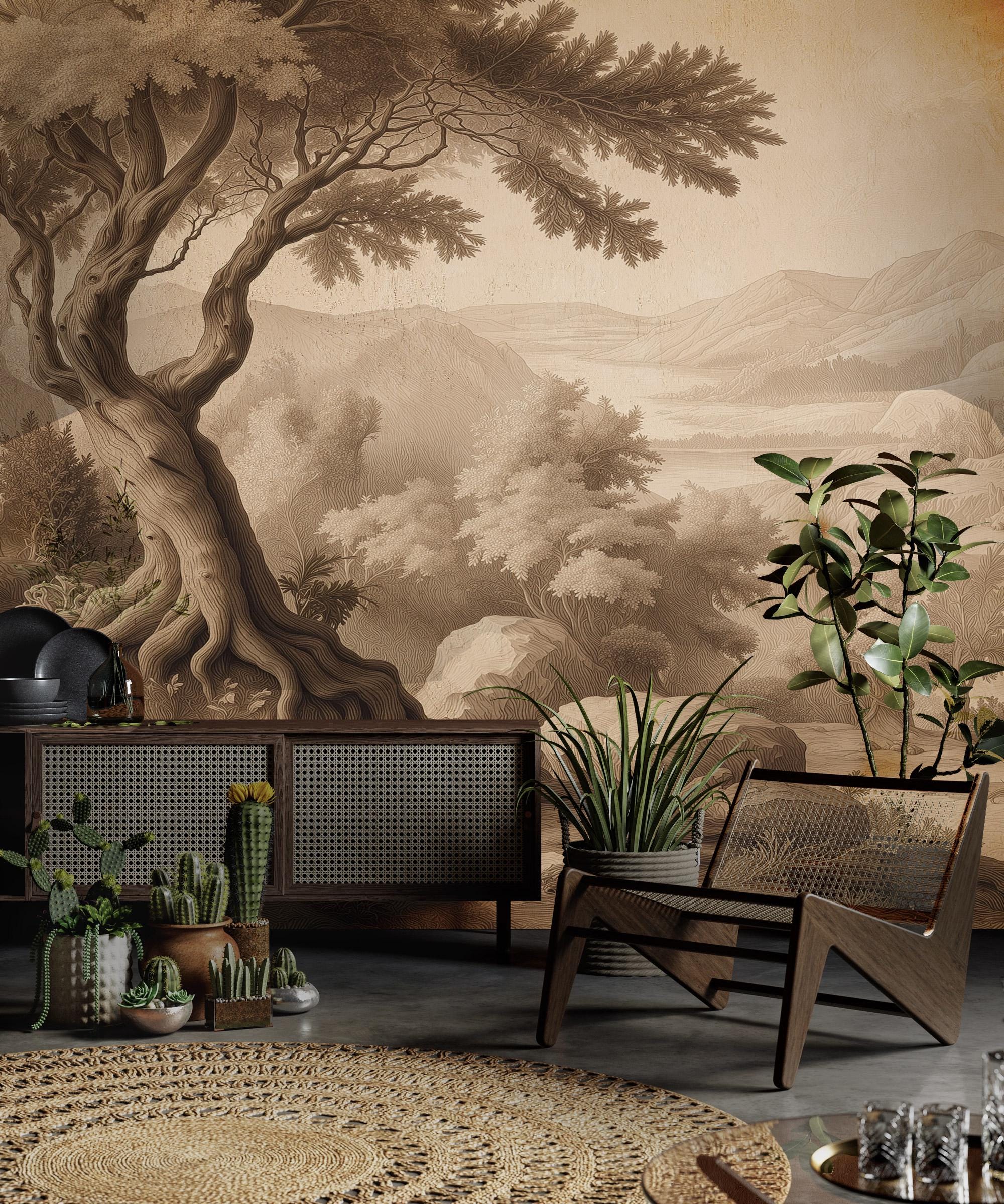 Neutral Forest Wallpaper: Sepia Landscape Peel and Stick Wall Mural