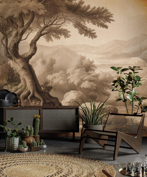 Neutral Forest Wallpaper: Sepia Landscape Peel and Stick Wall Mural