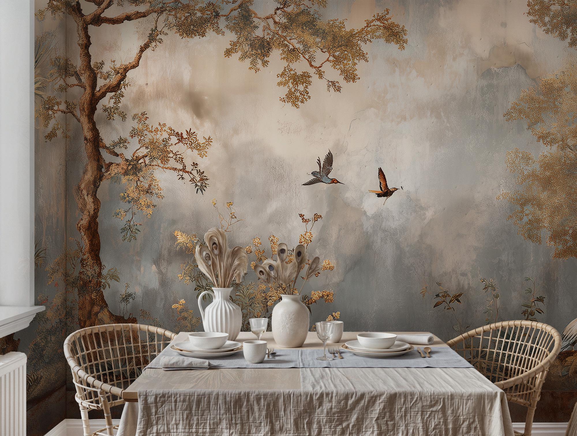 Botanical Landscape Wall Mural, Rustic Tree and Bird Wallpaper, Peel and Stick - View 3