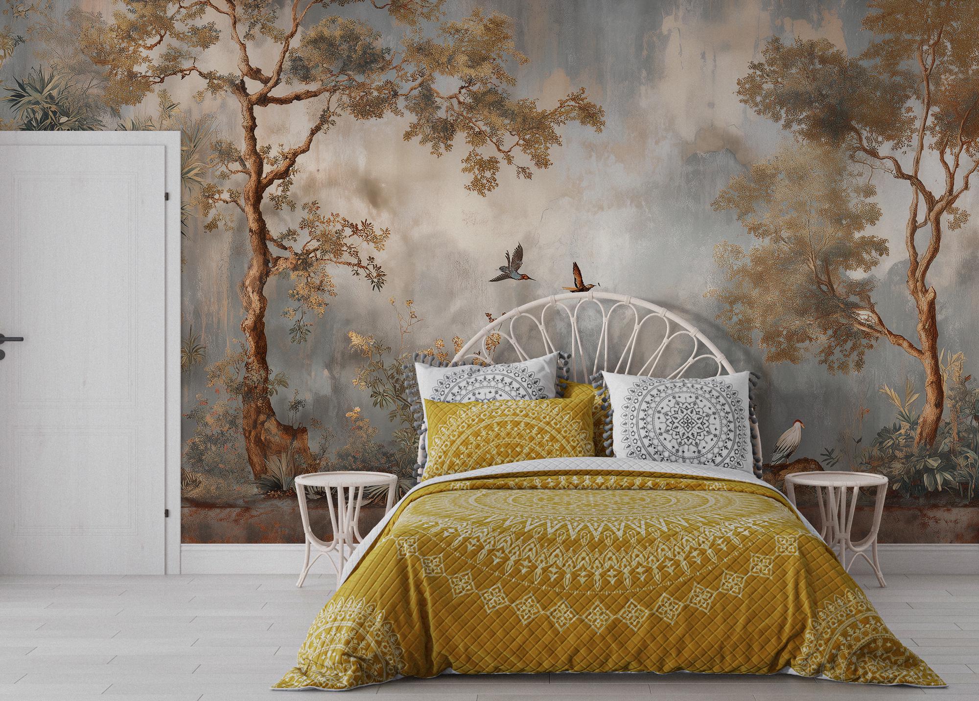 Botanical Landscape Wall Mural, Rustic Tree and Bird Wallpaper, Peel and Stick - View 4