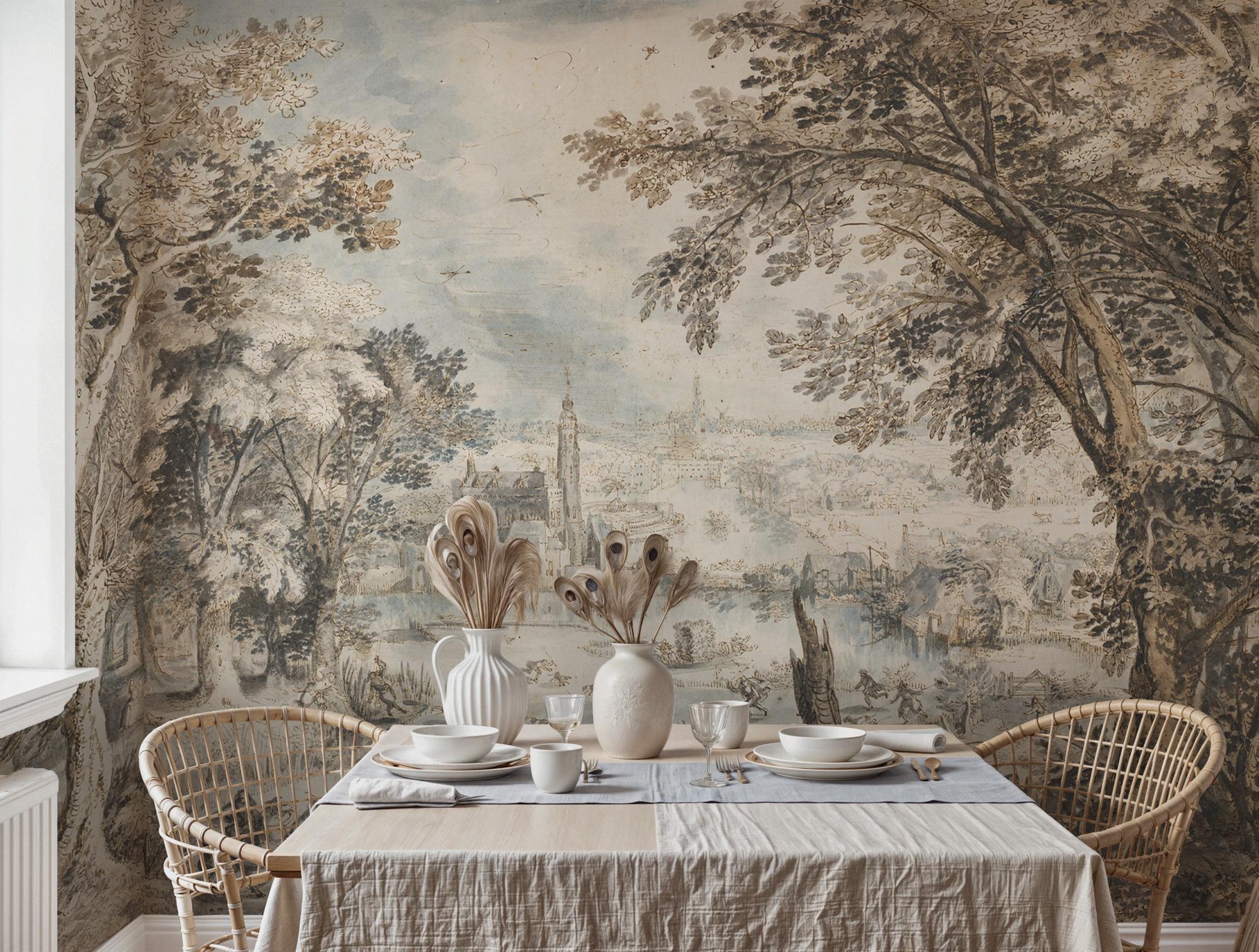 Antique European Landscape Wallpaper Mural, Historic Countryside Peel and Stick Wall Art - View 3