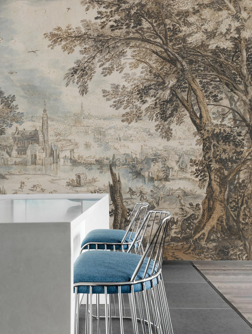 Antique European Landscape Wallpaper Mural, Historic Countryside Peel and Stick Wall Art - View 4