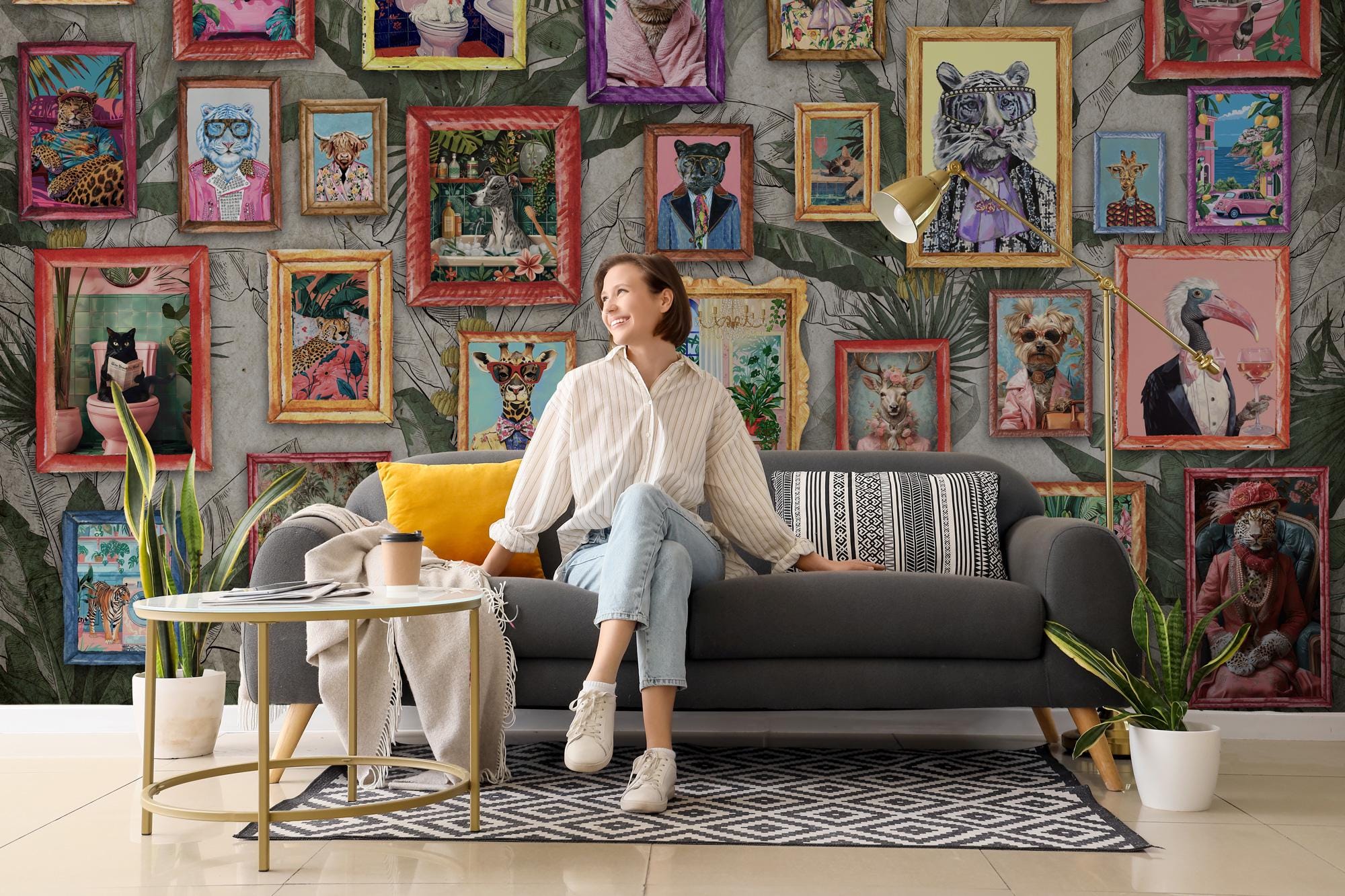 Retro Animal Portrait Wallpaper, Colorful Maximalist Peel and Stick Wall Art