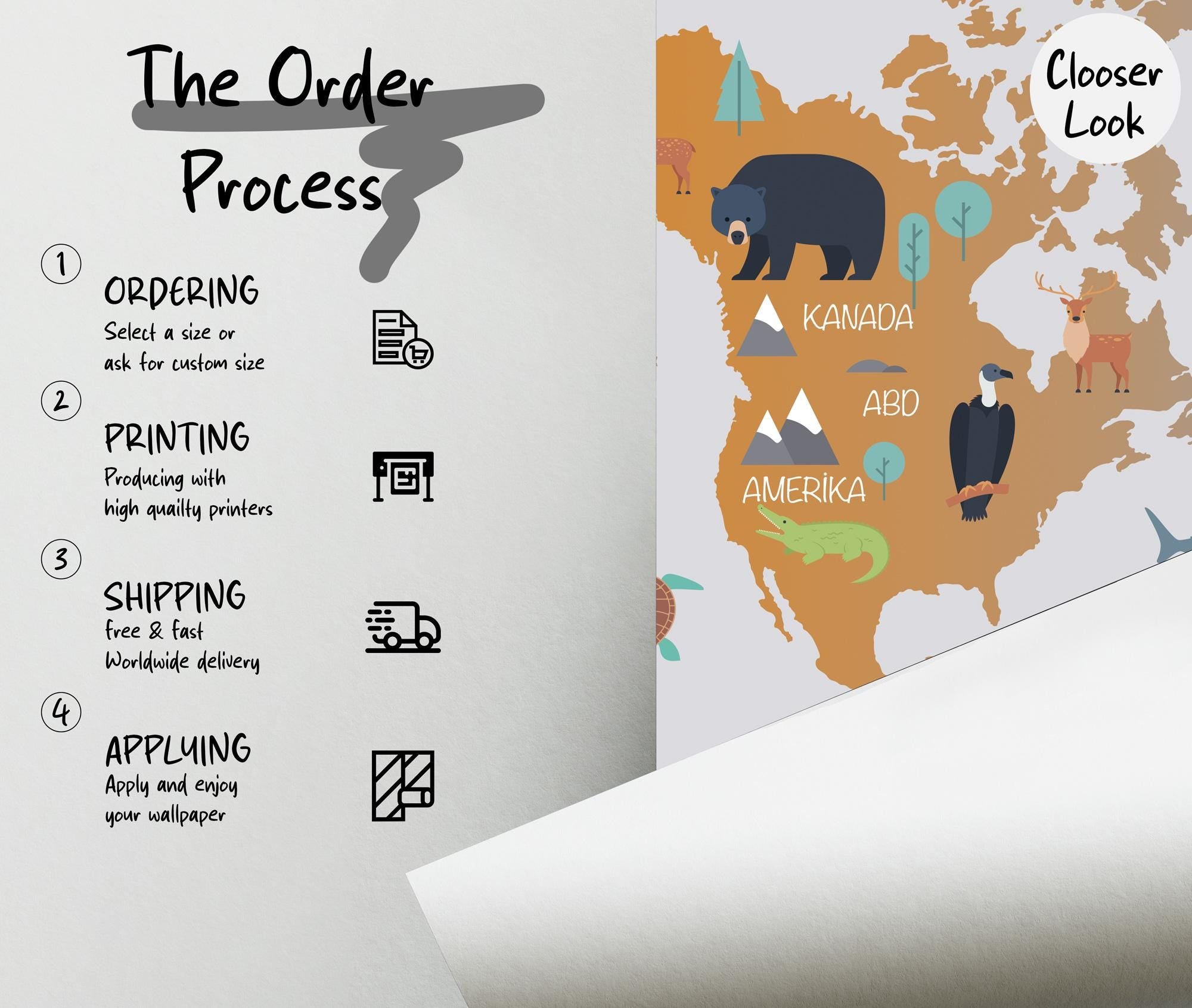 Kids World Map With Animals Custom Size Wallpaper, Nursey Geography Map Wall Mural - View 5
