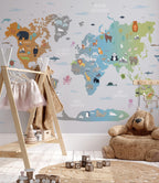 Kids World Map With Animals Custom Size Wallpaper, Nursey Geography Map Wall Mural - View 2