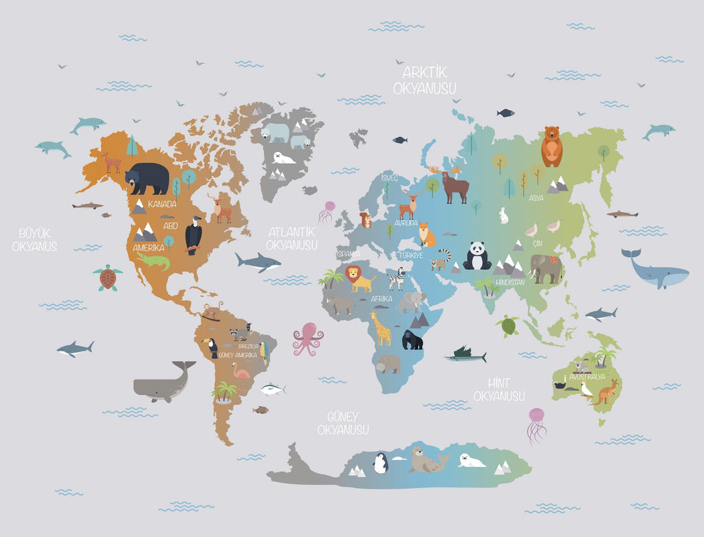 Kids World Map With Animals Custom Size Wallpaper, Nursey Geography Map Wall Mural - View 6