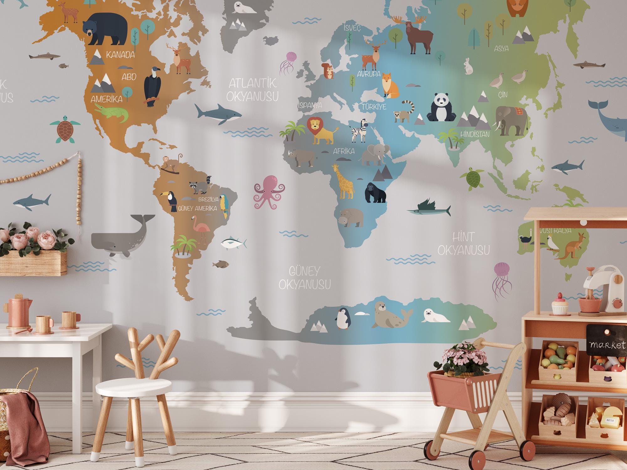 Kids World Map With Animals Custom Size Wallpaper, Nursey Geography Map Wall Mural - View 3