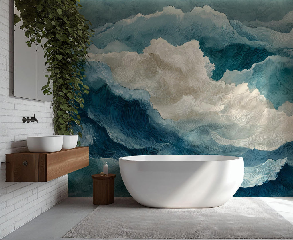 Abstract Ocean Wave Wall Mural, Watercolor Sea Peel and Stick Wallpaper - View 3