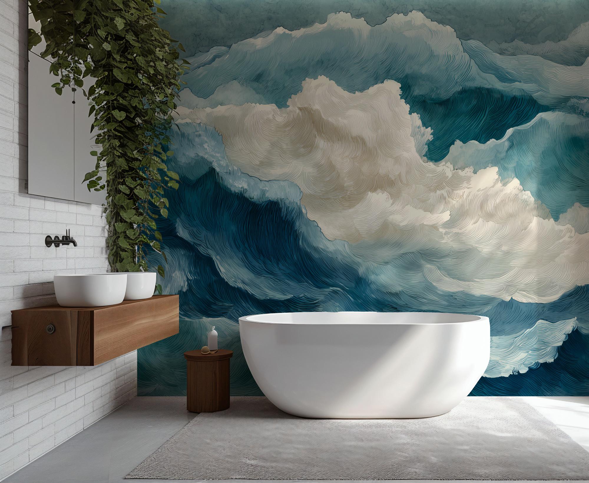 Abstract Ocean Wave Wall Mural, Watercolor Sea Peel and Stick Wallpaper - View 3
