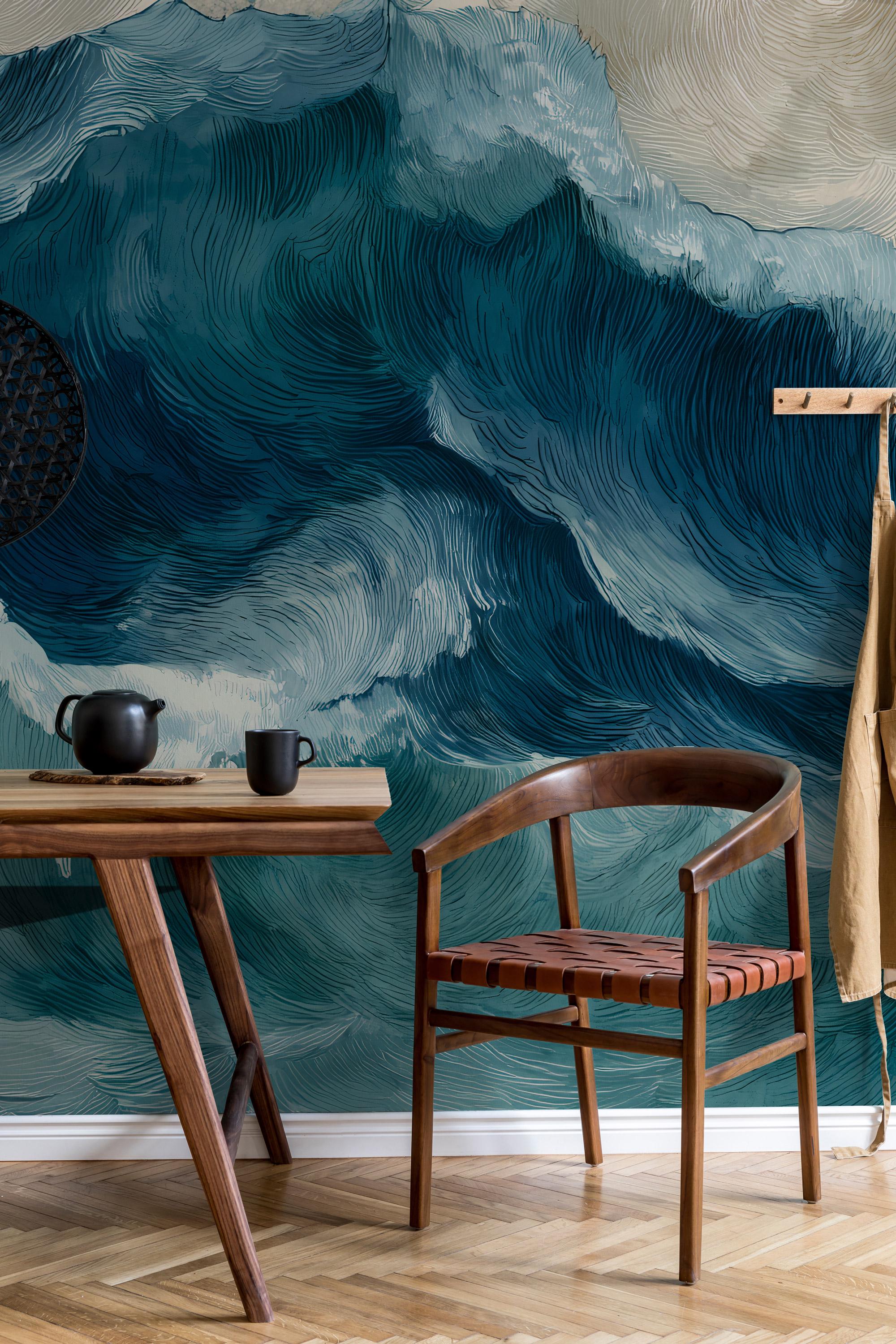 Abstract Ocean Wave Wall Mural, Watercolor Sea Peel and Stick Wallpaper - View 4