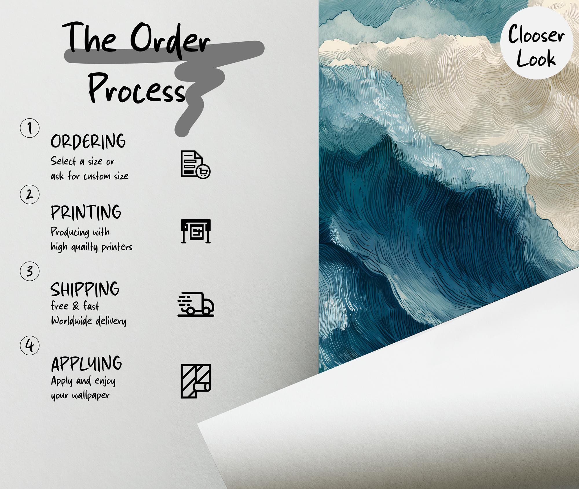 Abstract Ocean Wave Wall Mural, Watercolor Sea Peel and Stick Wallpaper - View 5