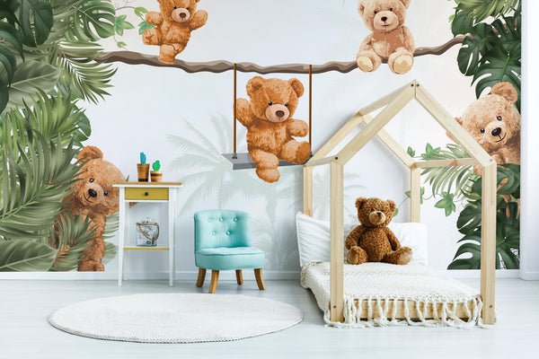 Teddy Bear Nursery  Mural, Baby Bear Kids Room Decor, Custom Size Peel & Stick Wallpaper