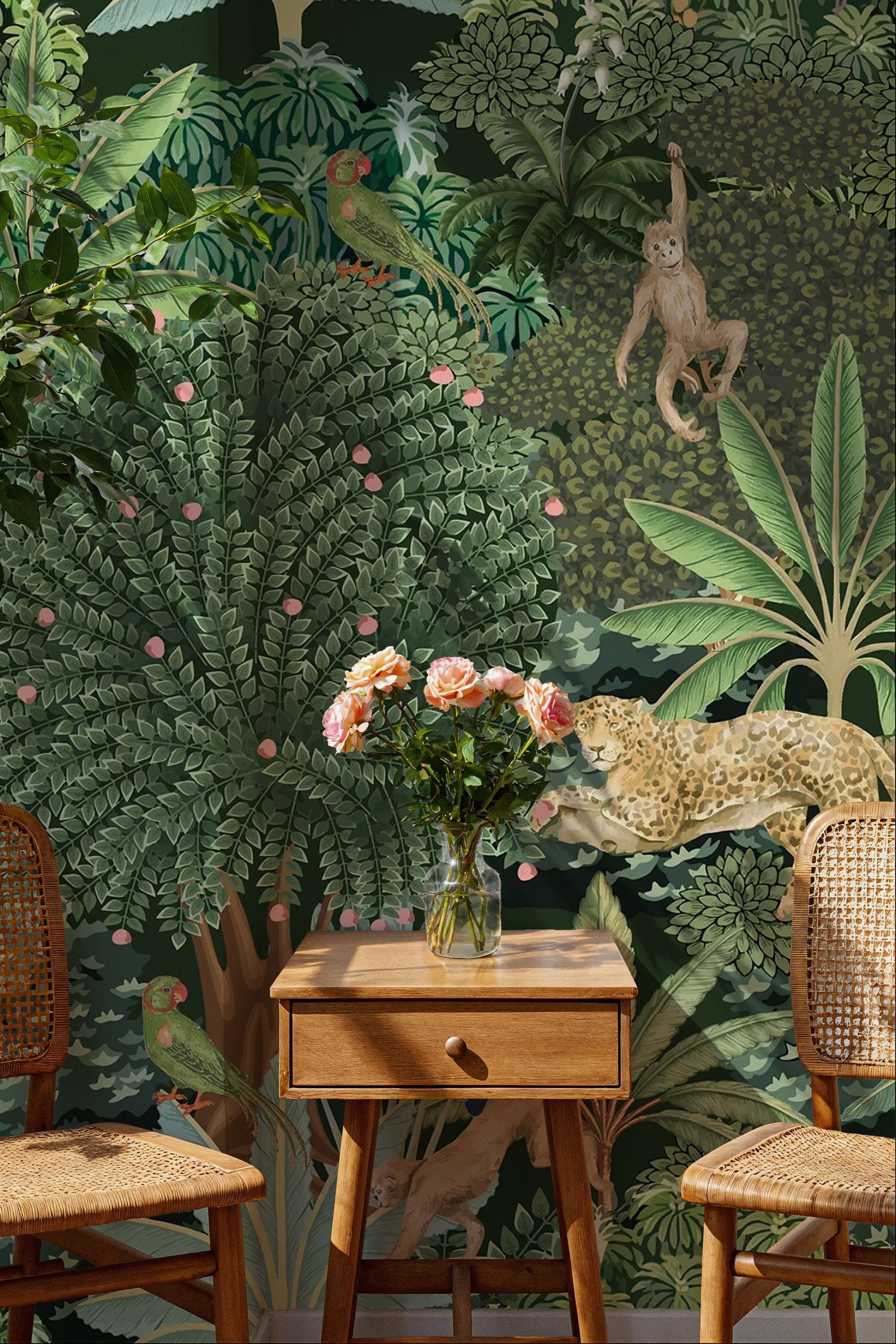 Tropical Animals Peel and Stick Wallpaper Mural, Forest Wallpaper