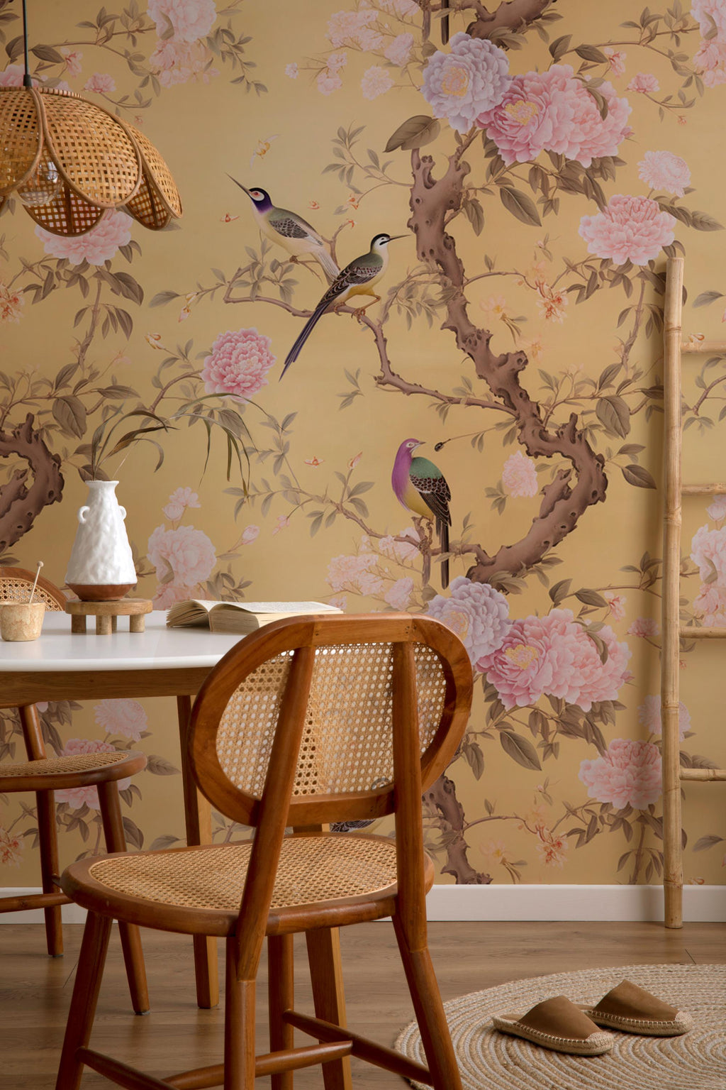 Chinoiserie Floral Peel and Stick Wallpaper: Birds & Blossoms Wall Mural - View 2