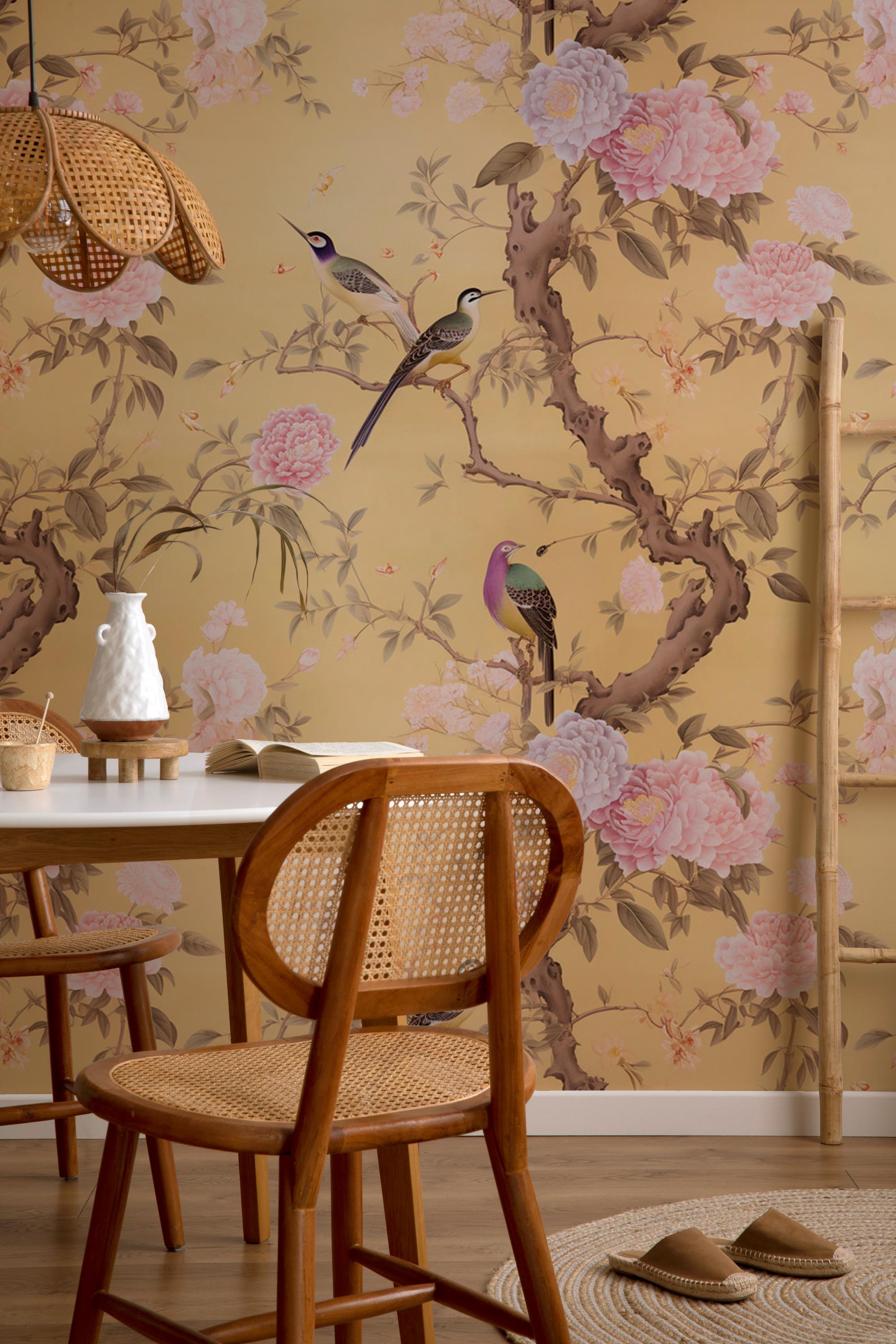 Chinoiserie Floral Peel and Stick Wallpaper: Birds & Blossoms Wall Mural - View 2