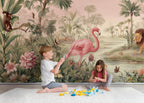 Pink Safari Peel and Stick Wallpaper, Jungle Animals Kids Room Mural