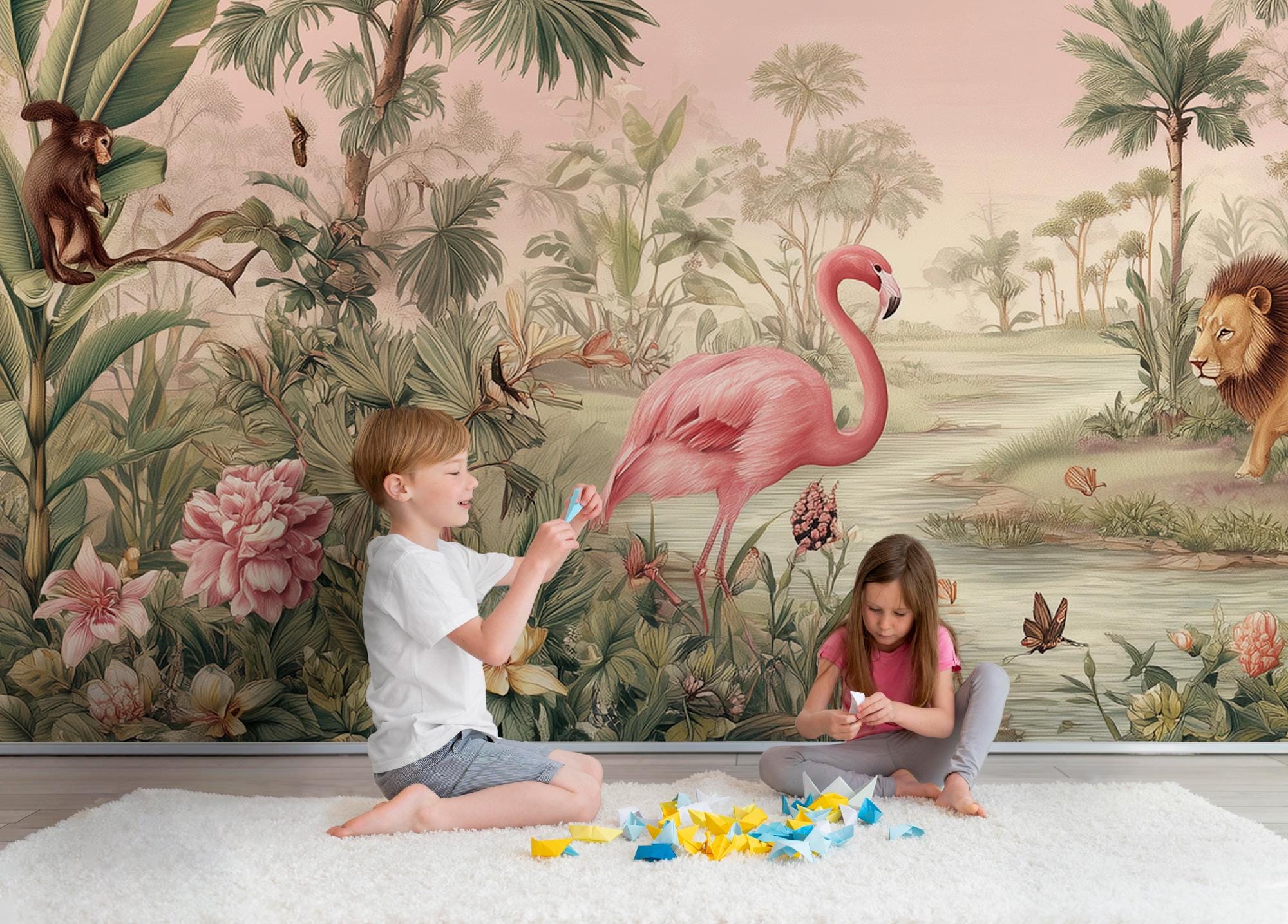 Pink Safari Peel and Stick Wallpaper, Jungle Animals Kids Room Mural