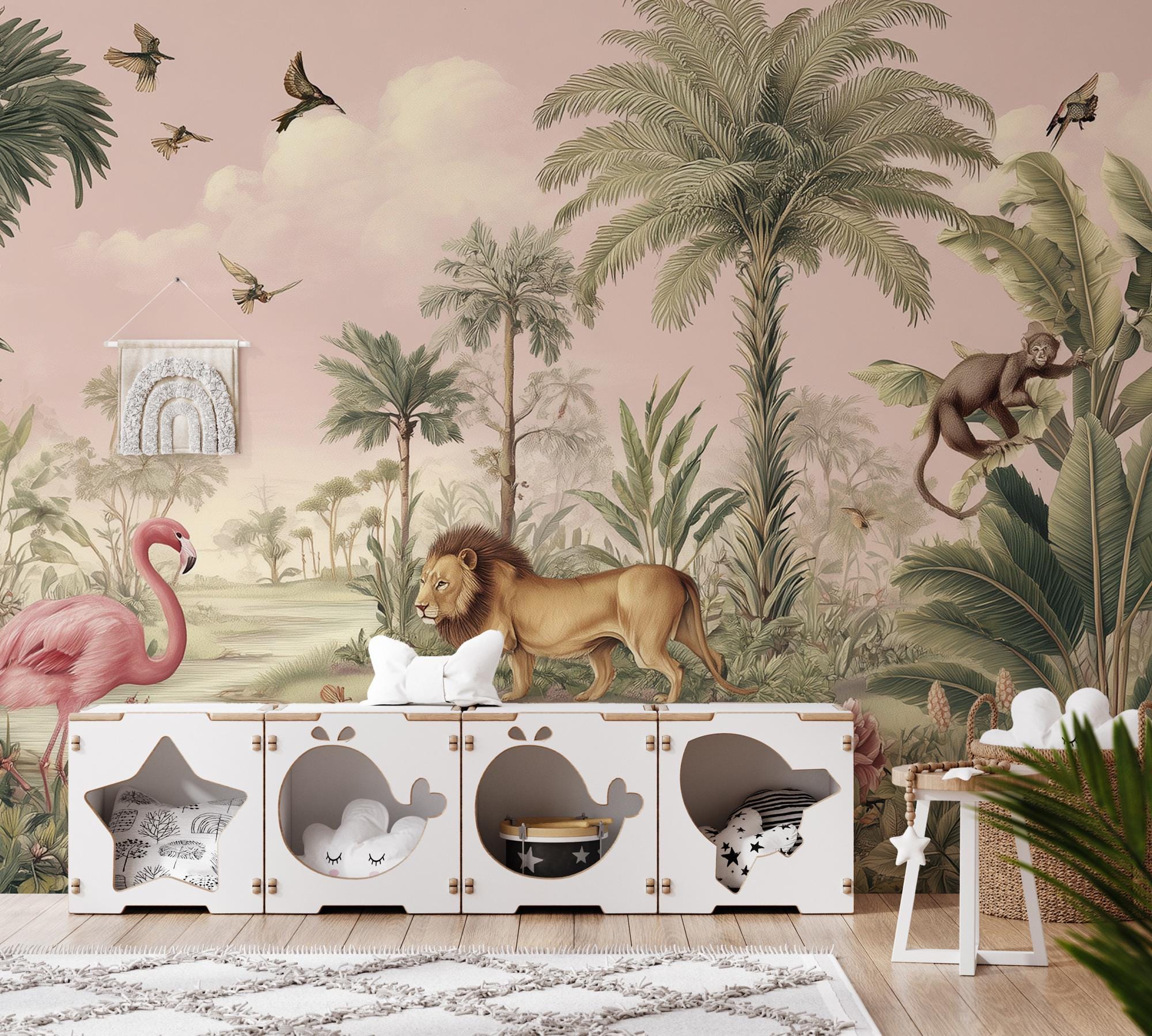 Pink Safari Peel and Stick Wallpaper, Jungle Animals Kids Room Mural - View 4