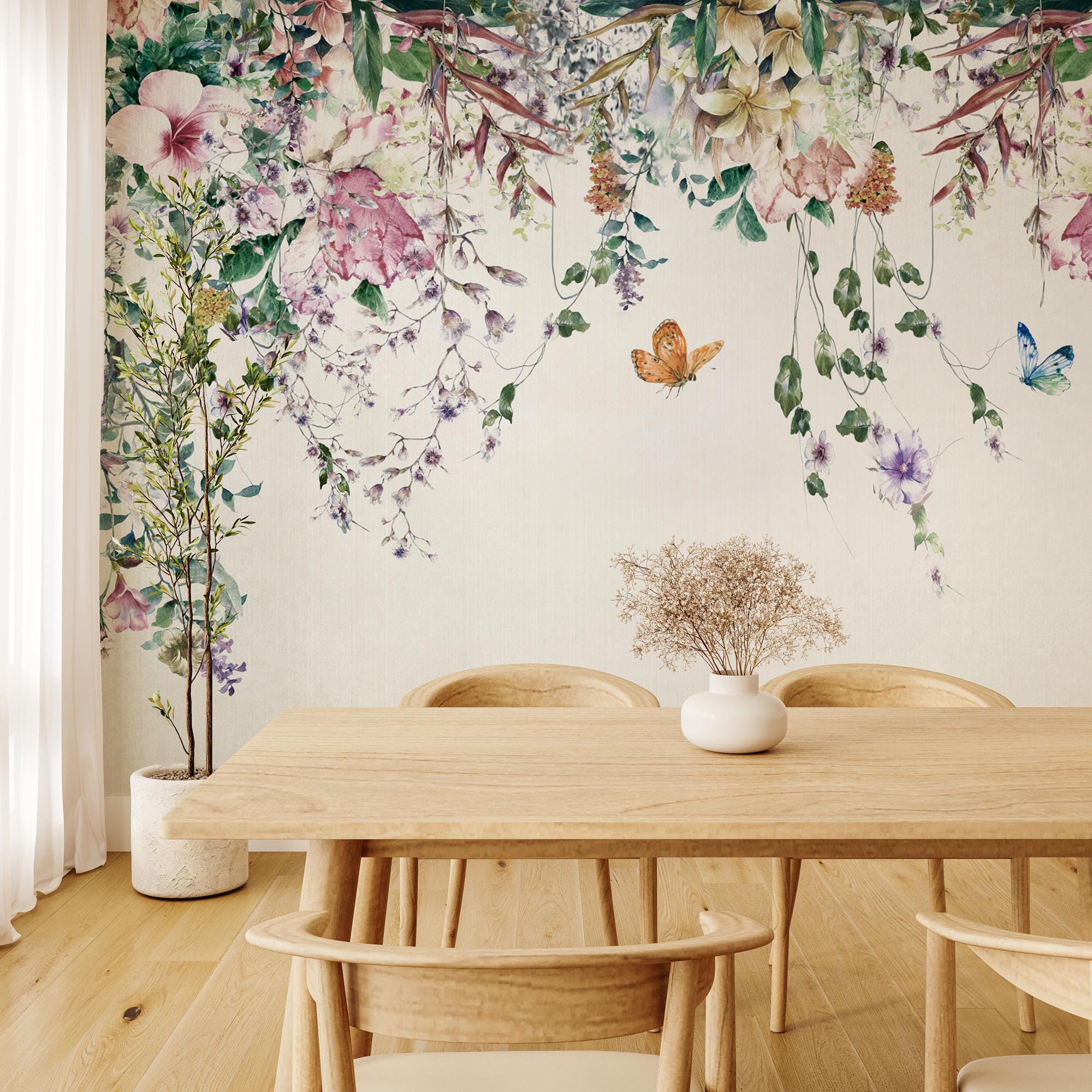 Watercolor Floral Peel and Stick Wallpaper: Soft Colors, Little Animals - View 2